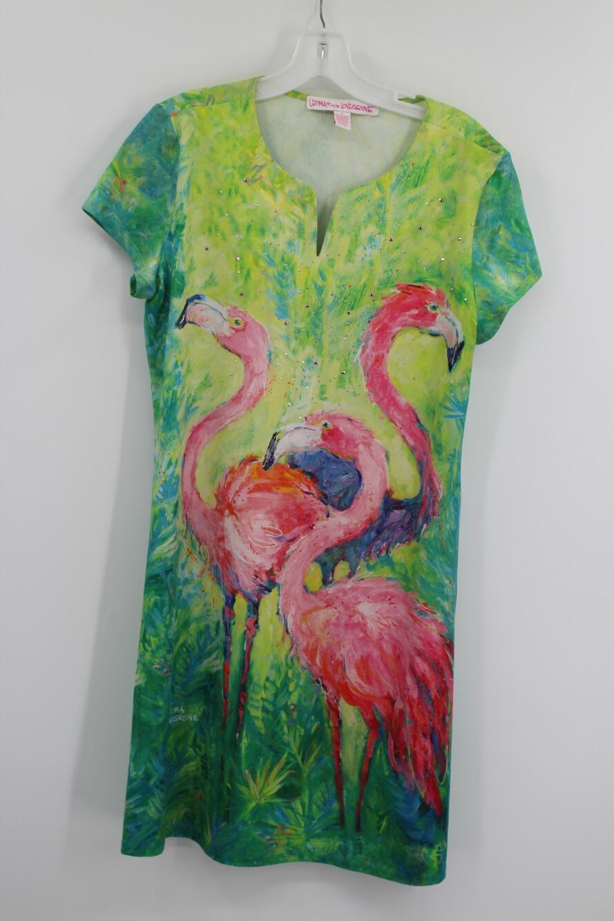 Leoma Lovegrove short-sleeve flamingo print dress size Medium Green